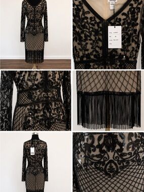 Unique Vintage Black Beaded Lace Fringe Cocktail Dress Flapper